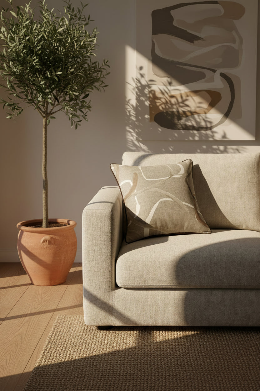 Beige Linen Blend Scatter Cushion with Leather Piping 60x60